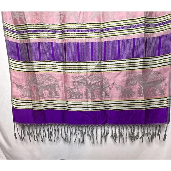 Pashmina Shawl Wrap Scarf Womens Purple Pink Gray w/ Elephant Print fringed ends - Picture 6 of 11